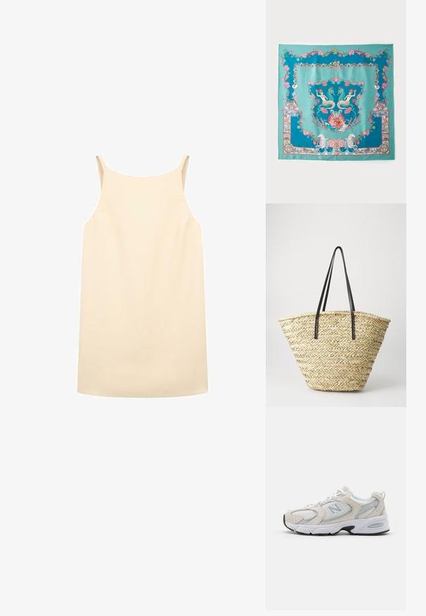 Beige mouwloze jurk met een ontspannen pasvorm, gemaakt van gladde stof, voorzien van dunne schouderbanden en een rechte zoom.; Atletiekschoen met een lichtgrijs mesh bovenwerk en suede accenten, witte veters en een zwarte rubberen zool. Opvallend ABZORB dempingdetail.; Turquoise zijden sjaal met ingewikkelde mariene thema's, waaronder zeemeerminnen, schelpen en koraal, omzoomd met een decoratieve rand.; Gevlochten stro tote bag met een brede, taps toelopende vorm, voorzien van twee zwarte leren handvaten. Natuurlijke beige kleur met een gestructureerd oppervlak.