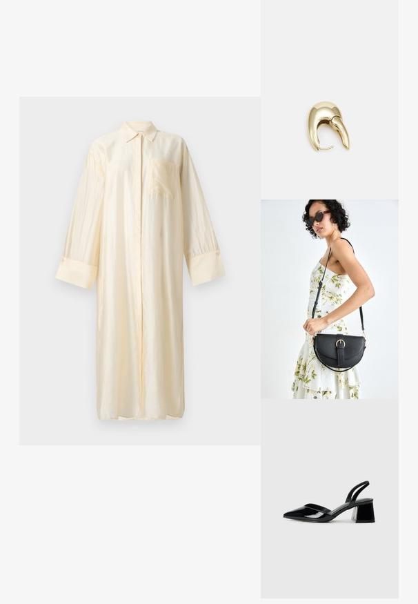 Szatén hosszú ing világos krémszínben, gallérral, elöl gombos záródással és mellzsebbel. Hosszú ujjú, gombos mandzsettával.; Fekete lakk bőr szandálkés magas sarkú cipő, hegyes orral és geometrikus tömbsarkakkal. Karcsú, minimalista dizájn és sima textúra jellemzi.; Fekete bőrtáska ívelt formával, levehető pánttal és arany színű fémrészekkel. A táskán egy csattal díszített fedél található.; Aranyszínű fém fülbevaló, elegáns, ívelt formával. Különleges hegyes alak, fényes felszín és zsanéros záródás jellemzi.