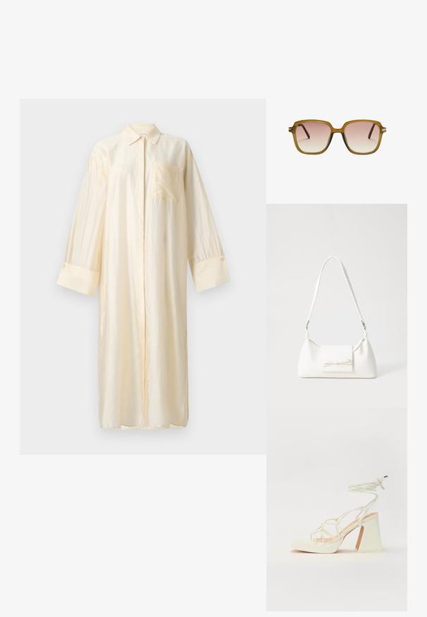Svilena dolga srajca v svetli kremni barvi, z ovratnikom, sprednjim zapiranjem na gumbe in žepom na prsih. Dolgi rokavi z manšeti na gumbe.; Bela sandala na visokih petah s debelim petam, ki ima obliko trakcev in vezanje okoli gležnja. Gladka tekstura z platformo spredaj za dodatno višino.; Kvadratne sončna očala z rahlo rjavim prozornim okvirjem, gradientnimi rožnatimi lečami in temnorjavimi nosilci. Minimalističen dizajn z diskretnimi kovinskimi detajli.; Bela sintetična torbica v obliki trikotnika, z ravnim sprednjim poklopcem in detajlom mašne, nastavljivim trakom, gladko teksturo in minimalističnim dizajnom.