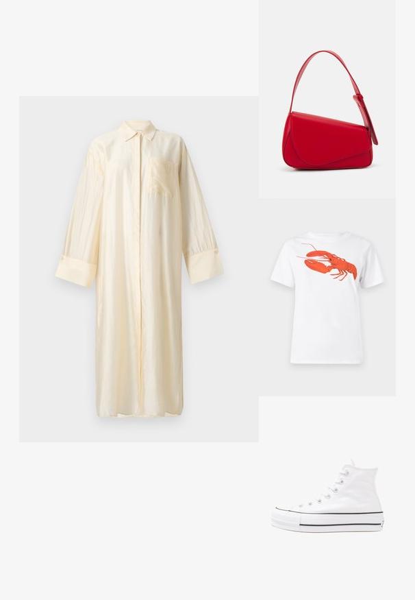 Camisa longa em satém de creme claro, com colarinho, fecho frontal por botões e um bolso no peito. Mangas longas com punhos abotoados.; Camiseta de algodão branca com um grande gráfico de lagosta vermelha brilhante na frente. Mangas curtas e design de gola redonda padrão.; Sapatilha alta de tela branca com sola de borracha preta, bico de borracha na frente e seis ilhós para os atacadores, apresentando um design limpo e minimalista.; Bolsa de mão em couro vermelho com um design angular e geométrico. Apresenta uma única alça ajustável e um fecho com aba, com detalhes cosidos.