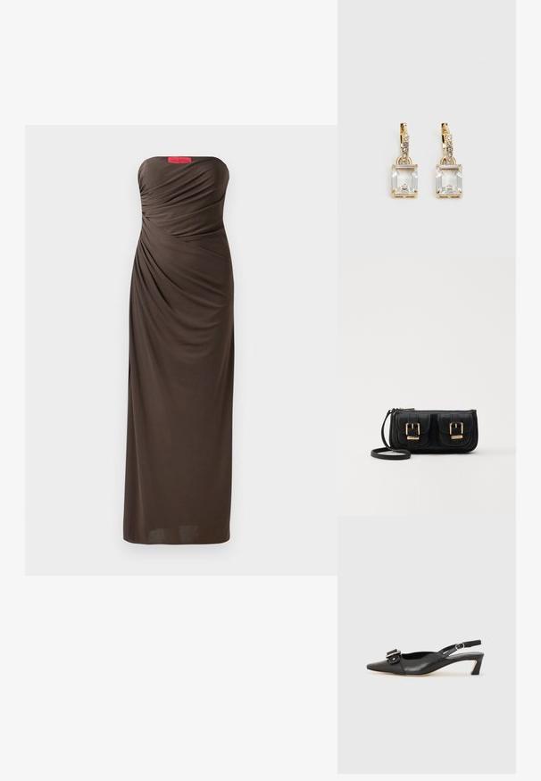 Robe de soirée marron sans bretelles avec des détails en tissu drapé, longueur au sol et une étiquette Halston bien visible en haut.; Chaussure slingback en cuir noir avec un bout pointu, un petit talon et un détail de boucle décoratif sur le dessus. Texture lisse, design minimaliste.; Sac en cuir noir porté en travers avec deux poches avant, boucles dorées, fermeture zippée et une sangle fine. Surface texturée et forme rectangulaire compacte.; Boucles d'oreilles en or lumineux avec un cristal rectangulaire transparent pendent sous une rangée de petits accents ronds transparents. Design élégant et moderne.