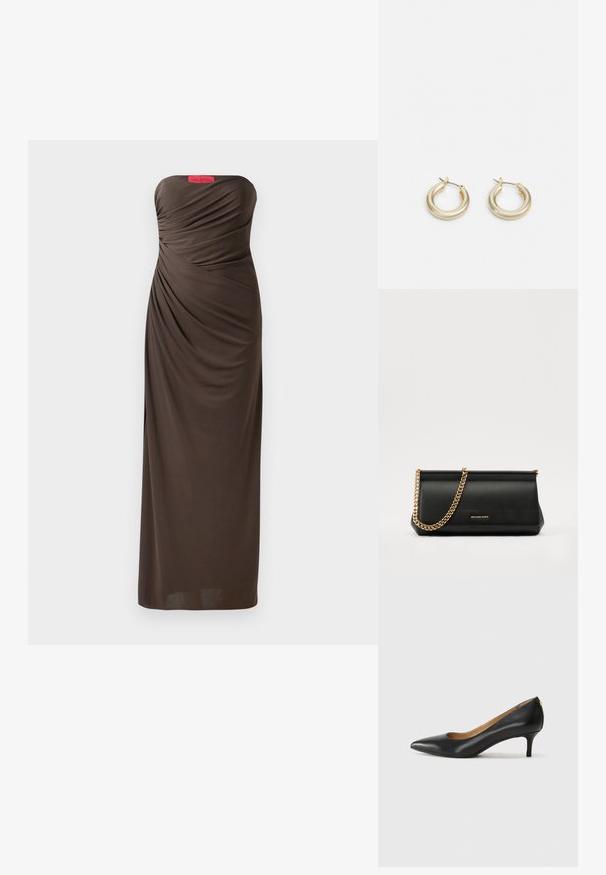 Valkoinen iltapuku, jossa on olkaimettomat hihnat, joissa on draperoitu kangas, lattiamittainen muotoilu ja voimakas Halston-logoetiketti ylhäällä.; Mustat nahka-korkokengät, joissa on terävä kärki, matala korko ja sileä pinta. Edessä on pieni aukko ja takana minimaalinen varustus.; Musta nahkainen clutch-laukku, jossa on kultaketju, sileä pinta, suorakulmainen muoto ja kohokuvioitu brändimerkintä edessä.; Lauren Ralph Lauren BASIC SMALL HOOP - Korvakorut - gold-coloured