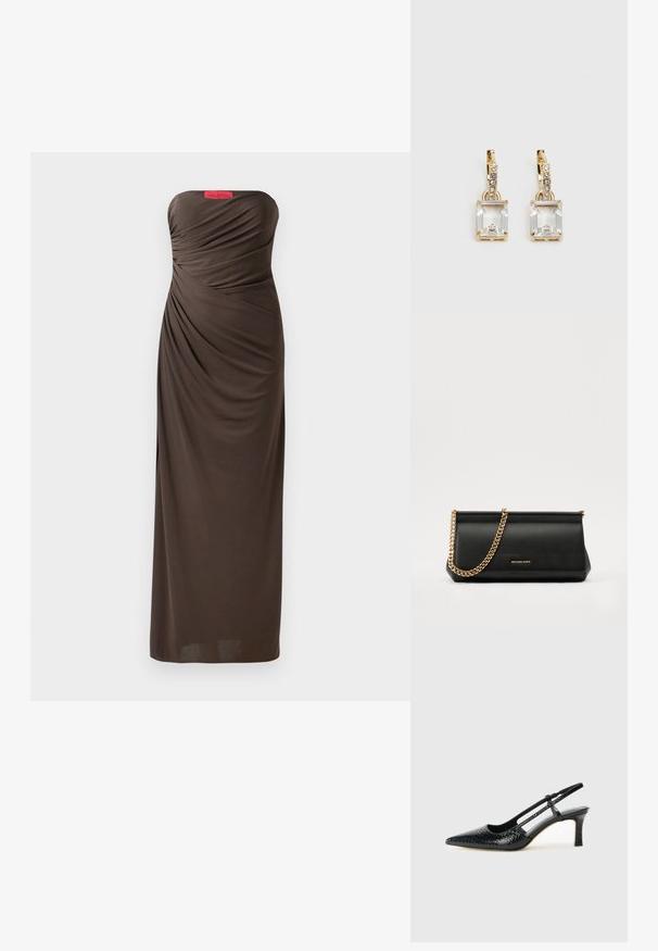 Abito da sera marrone senza spalline con dettagli in tessuto drappeggiato, design lungo fino al pavimento e una vistosa etichetta con il logo Halston sulla parte superiore.; Slingback con tacco in vernice nera con punta affusolata, caratterizzato da una stampa a serpente testurizzata, cinturino regolabile e un tacco corto e testurizzato.; Clutch bag in pelle nera con tracolla in catena dorata, caratterizzato da una superficie liscia, forma rettangolare e branding in rilievo sul davanti.; Orecchini in tonalità dorata con un cristallo trasparente rettangolare sospeso sotto una fila di piccoli accenti trasparenti rotondi. Design elegante e moderno.