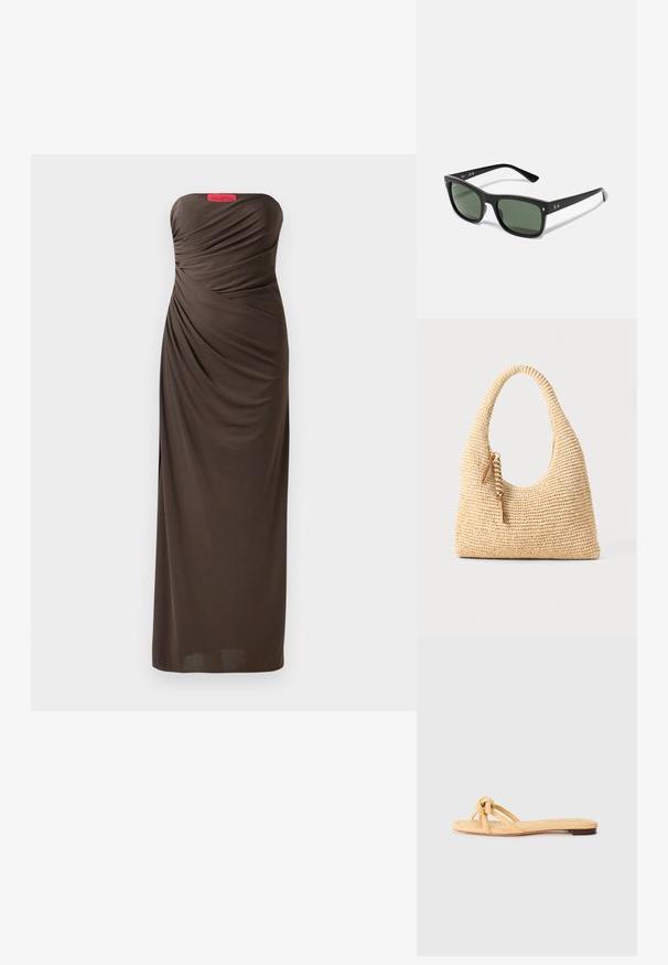 Rihmata pruun õhtukleit, millel on voogavad kangadetailid, põrandani ulatuv disain ja silmapaistev Halstoni logo silt üleval.; Kollane kooritud lame sandaal, millel on kaks risti rihma, sõlmepunkt ees ja madal pruun tald.; Mustad mustad prillid tumeroheliste läätsedega, valmistatud plastikust, metalldetailidega läätsede lähedal ja brändi logo tempel.; Kootud beež käsipakiga kott, millel on kumer käepide, tekstuuriga pind ja pruun tassi detail. Omab vabalt laskevat, hobo stiilis kuju.; Loeffler Randall BELLAMY OVERSIZE HEADBAND - Soenguaksessuaarid - cream