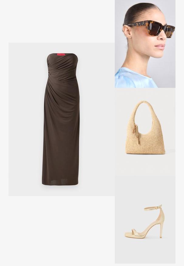 Beżowa wieczorowa suknia bez ramiączek z marszczonymi detalami, długości do podłogi, z wyraźną metką Halston na górze.; Złote metaliczne sandały na wysokim obcasie z odkrytymi palcami, z paskiem w okolicy kostki z klamrą i platformą dla dodatkowej wysokości. Gładka tekstura.; Okulary przeciwsłoneczne w kolorze żółwim z masywną, prostokątną oprawką. Ciemne soczewki i złote akcenty na zausznikach. Gładkie, błyszczące wykończenie.; Spleciona beżowa torebka z zaokrągloną rączką, teksturowaną powierzchnią i brązowym detalem w postaci frędzla. Charakteryzuje się miękkim, hobo kształtem.