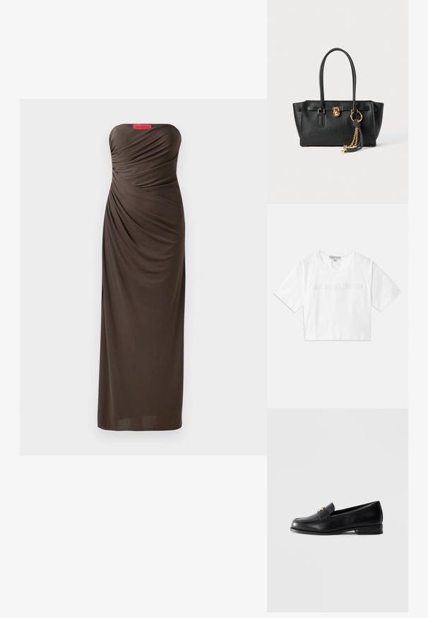 Bezplecu brūns vakarkleita ar drapētiem auduma elementiem, grīdas garuma dizains un izteikta Halston logotipa birka augšpusē.; Balta īsā T-kreklā, kas izgatavots no kokvilnas, ar īsām piedurknēm un "MICHAEL KORS" logotipu, kas izšūts atbilstošā tekstā priekšā.; Melnas ādas mokasīni ar zemu papēdi un zeltītu dekoratīvu emblēmu uz siksniņas, parādīti uz vienkārša gaiši pelēka fona.; Melnas ādas rokassomu ar divām rokturiem, zelta slēdzi un ķēdes detaļu, kā arī melnbaltu pušķa aksesuāru uz balta fona.