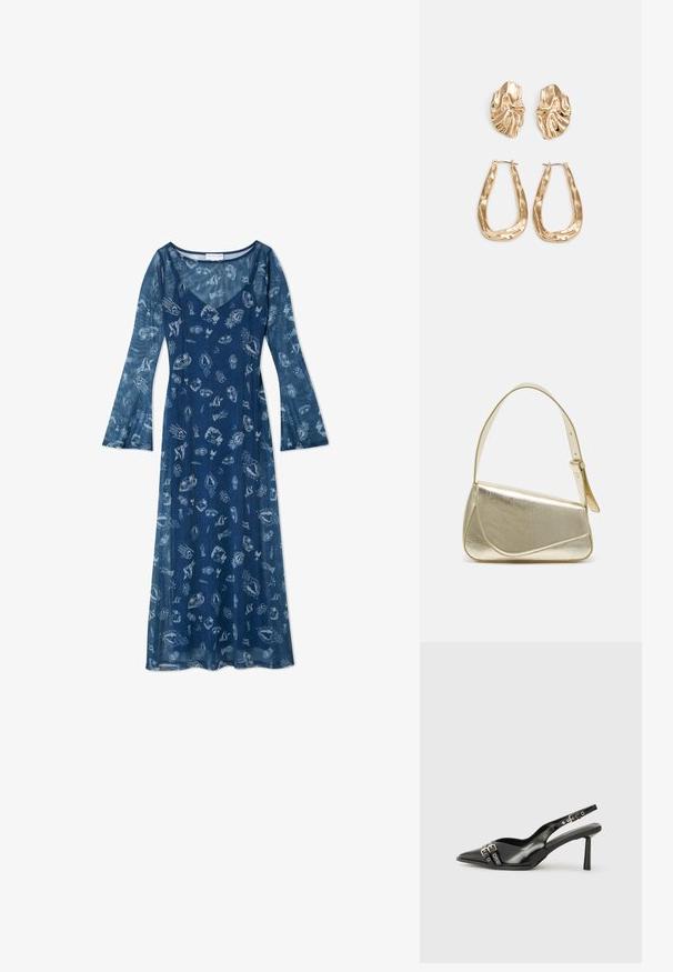 Pitkähihaisen, tummansinisestä kevyestä kankaasta valmistetun mekon, joka on suojapeittävä ja siinä on kuorimaisia ja meriteemoja.; Musta patenttinen nahkainen slingback-kengät, joissa on terävä nenä, nilkkahihnat hopeisilla soljilla ja varusteilla sekä hoikka korko.; Kultainen metallinen käsilaukku, jossa on jämäkkä muotoilu, sileä pinta ja säädettävä olkahihna. Sisältää ainutlaatuisen kolmiomaisen muodon ja minimalistisen tikkaustyylin.; Korukultainen korvakorut, joissa on teksturoituja, aaltoilevia muotoja. Mukana on veistokselliset klipsikorvakorut ja avoin rengasmalli, jossa on vasaroitu pinta.