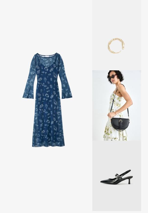 Duga rukava, haljina tamnoplave boje izrađena od lagane tkanine, s lepršavim siluetom i uzorkom školjki i morskih motiva.; Crne lakirane slingback potpetice s oštrim prstom i malom blok petom, s naglaskom na srebrnoj kopči na remenu.; Crna kožna torba s lukovitim oblikom, odvojivim remenom i zlatnim detaljima. Torba ima preklop s kopčom.; Prsten u zlatnoj nijansi s organskim, uvijenim dizajnom, glatkom teksturom i suženim krajevima, koji stvara moderan, skulpturalni izgled.