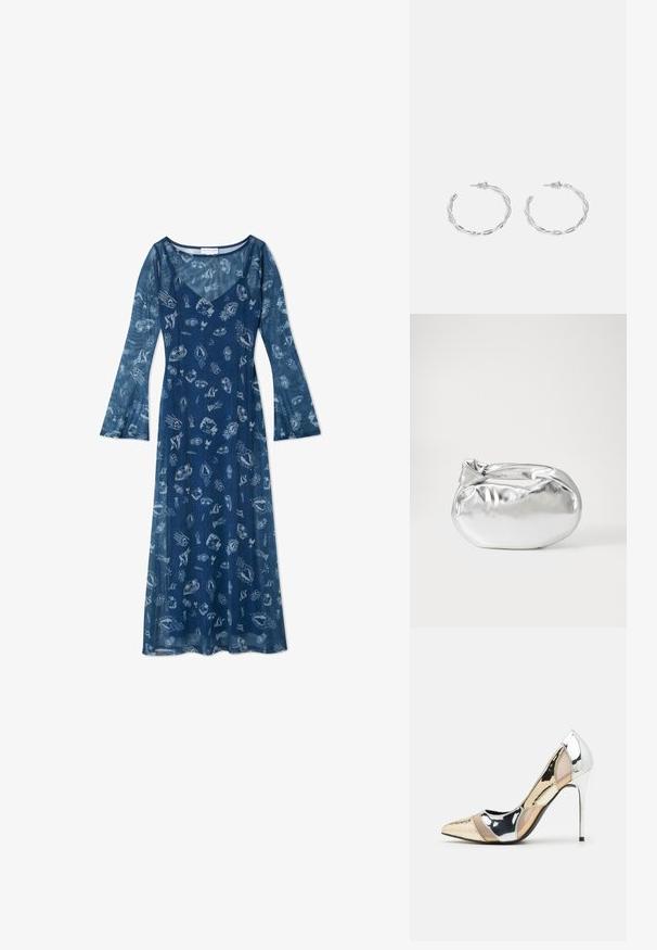 Langärmliges, navyblaues Kleid aus leichtem Stoff, mit einer fließenden Silhouette und einem Muster aus Muscheln und maritimen Motiven.; Spitz zulaufender High-Heel-Schuh in einer Farbgestaltung aus Silber, Gold und Nude. Glänzende Oberfläche mit Ausschnittdesign und stiletto Absatz.; Silberne metallic Pouch-Tasche mit einer sanften, abgerundeten Form und einem geknoteten Verschluss oben. Hergestellt aus glattem Kunstleder.; Silberne Creolen mit gedrehter Gestaltung, ausgestattet mit einer polierten Oberfläche und einer Steckverschluss. Sie haben einen Durchmesser von ca. 3 cm.