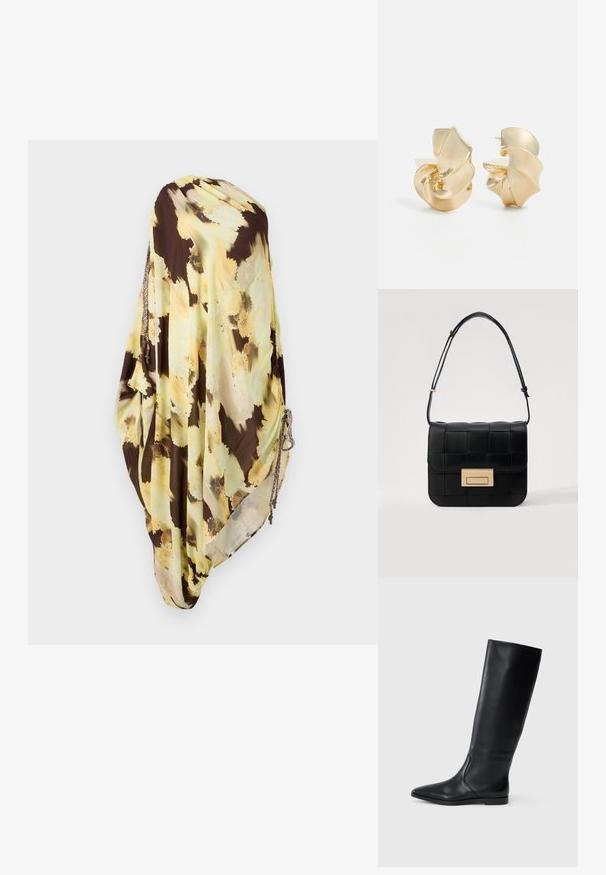 Leichtes, fließendes Schal in Braun und blassgelb mit floralem Muster. Verfügt über strukturierte Akzente und geraffte Seiten mit Hardware-Details.; Schwarze Lederstiefel bis zum Knie mit spitzer Zehe und minimalistischem Design. Glatte Textur und flache Sohle, mit dezenten seitlichen Steppnähten.; Loeffler Randall DESI CROSSBODY WITH LOCK HARDWARE - Umhängetasche - black; Texturierte Ohrringe aus goldenem Metall mit einem skulpturalen, spiralförmigen Design. Sie verfügen über glatte Oberflächen und lichtreflektierende Kurven.