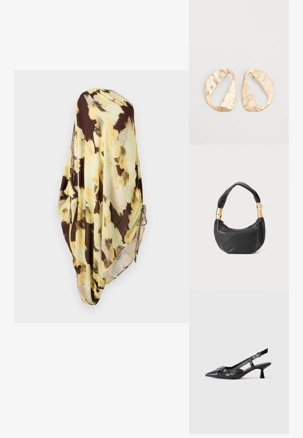 Lehký, splývavý šátek v hnědé a světle žluté barvě s květinovým vzorem. Obsahuje texturované akcenty a nabrané strany s detaily z kovu.; Černé kožené slingback boty s špičatou špičkou, dekorativními pásky s kovovými očky a nízkým blokovým podpatkem. Texturovaný povrch.; Černá kožená kabelka s kulatým tvarem, měkkou texturou a uzlovou rukojetí se zlatými kovovými detaily. Zapínání na zip.; Pár nepravidelných oválných náušnic z kovu pozlaceného zlatem s texturovaným, mírně kladivkovým povrchem na bílém pozadí.