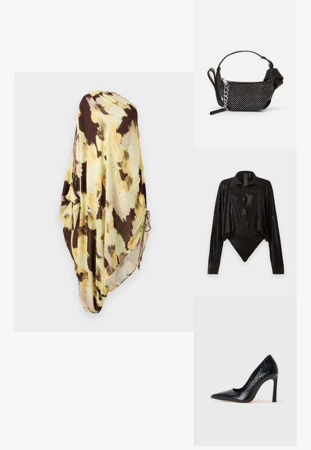 Kevyt, läpivirtaava huivi ruskeassa ja vaaleankeltaisessa värissä, jossa on kukkakuosi. Ominaisuuksia ovat teksturoidut yksityiskohdat ja kuhmuuntuneet sivut, joissa on metalliosia.; Musta catsuit pitkillä hihoilla, V-pääntiellä ja tiukalla siluetilla. Valmistettu kiiltävästä, sileästä kankaasta, jossa on jämäkkä kaulus ja hihansuut.; Musta kapea nilkkakorkokenkä krokotiilin nahkakuviolla, joka on varustettu tyylikkäällä muotoilulla, korkealla stiletto-korkealla ja sileällä mustalla sisäosalla.; Musta käsilaukku, jossa on niittikoristeet, ketjuhihna ja sileä nahkakahva, pyöreä muoto ja vetoketjullinen osasto.