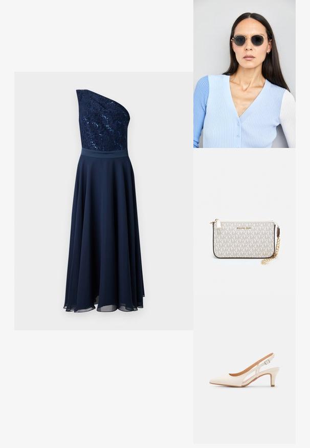 Námornícky modré šaty na jedno rameno so zdobeným korzetom z flitrov a voľnou sukňou. Hladká textúra so zúženým pásom a vrstveným lemom.; Biele slingback topánky na podpätku s ostrou špičkou, hladkým vrchným materiálom, nízkym blokovým podpätkom a bočným výrezom s nastaviteľným remienkom na pracku.; Okrúhle slnečné okuliare s tmavými šošovkami a zlatým rámom. Modelka má na sebe svetlomodrý pletený kardigán s gombíkmi a bielymi rukávmi v kontraste.; Michael Kors zápästná taška v béžovej potiahnutej plátenej tkanine s opakujúcim sa vzorom loga MK, zlatým kovania a odnímateľným reťazovým popruhom.