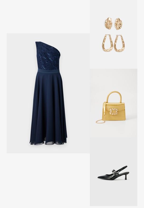 Robe asymmétrique bleu marine avec un corsage en dentelle pailletée et une jupe fluide. Texture lisse avec une taille cintrée et un ourlet en couches.; Escarpins slingback en cuir verni noir avec un bout pointu et un petit talon bloc, mettant en avant un accent en boucle argentée sur la sangle.; Sac à main en faux crocodile jaune avec un design structuré, une poignée supérieure, une bandoulière en chaîne amovible, et un ornement cristallin décoratif sur le fermoir.; Boucles d'oreilles dorées présentant des formes texturées et ondulées. Comprend des clips sculpturaux et un design de créoles ouvertes avec une finition martelée.