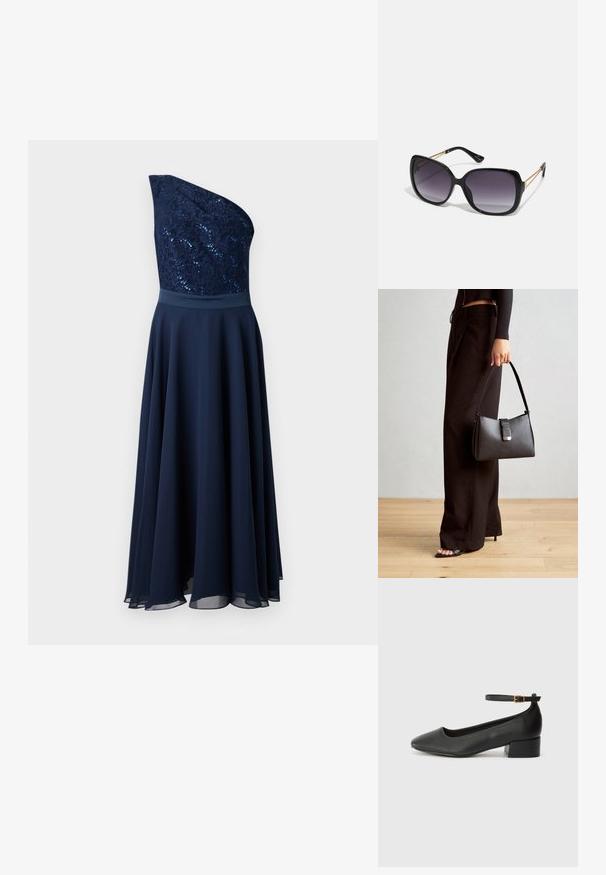 Robe asymmétrique bleu marine avec un corsage en dentelle pailletée et une jupe fluide. Texture lisse avec une taille cintrée et un ourlet en couches.; Escarpin en cuir noir avec un bout pointu et un petit talon bloc. Doté d'une bride de cheville avec une boucle dorée. Texture lisse.; Lunettes de soleil noires surdimensionnées avec des verres dégradés, monture épaisse et détails en chaîne dorée sur les branches.; Sac à main noir à la forme structurée, texture lisse et fermoir métallique. Associé à un pantalon noir ample et des sandales ouvertes sur un sol en bois.