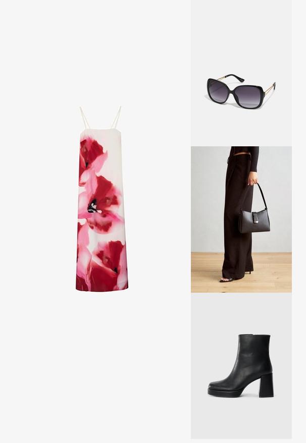 Robe nuisette florale avec des fleurs roses et rouges vives sur fond blanc. Elle présente des fines bretelles et une coupe droite.; Bottine en cuir noir avec un talon bloc et une semelle plateforme, vue de côté sur un fond blanc uni.; Lunettes de soleil noires surdimensionnées avec des verres dégradés, monture épaisse et détails en chaîne dorée sur les branches.; Sac à main noir à la forme structurée, texture lisse et fermoir métallique. Associé à un pantalon noir ample et des sandales ouvertes sur un sol en bois.