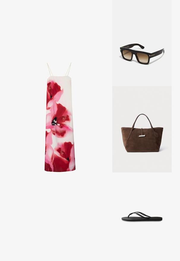 Vestido de tirantes florales con vibrantes flores en tonos rosa y rojo sobre un fondo blanco. Presenta tirantes finos y un diseño de corte recto.; Chanclas negras con suela de goma texturizada, dos tiras delgadas y un sutil detalle de logo en relieve en la tira.; Gafas de sol de carey con un marco cuadrado, lentes marrones degradados y sutiles acentos dorados en las patillas.; Bolso tote de ante marrón con dos asas blandas, una correa vertical con un acento plateado y una parte superior ancha y abierta. Textura suave, diseño minimalista.
