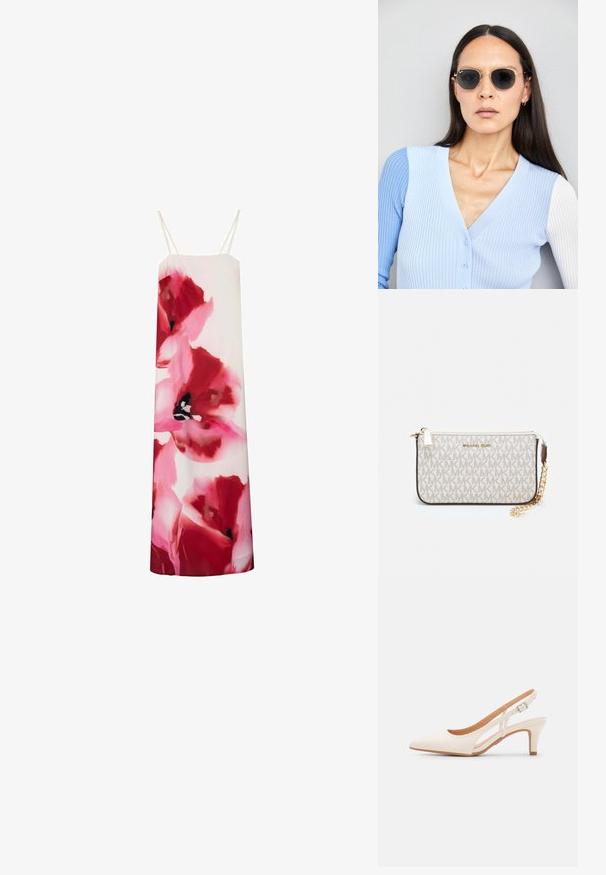 Abito a fascia floreale con vivaci fiori rosa e rossi su uno sfondo bianco. Presenta spalline sottili e una linea dritta.; Slingback bianco con punta affusolata, materiale superiore liscio, tacco basso a blocco e design con ritagli laterali, dotato di cinturino regolabile con fibbia.; Occhiali da sole rotondi con lenti scure e montatura dorata. Il modello indossa un cardigan leggero azzurro a costine con bottoni e maniche bianche a contrasto.; Wristlet Michael Kors in tela rivestita beige con motivo a logo MK ripetuto, hardware dorato e tracolla a catena staccabile.