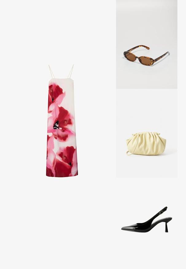 Bloemen slipdress met levendige roze en rode bloesems op een witte achtergrond. Heeft dunne bandjes en een rechte snit.; Zwarte gepatineerde leren slingback pump met een spitse neus, uitsparingen aan de zijkanten, een verstelbare enkelband en een dunne, slanke hak.; Schildpadbril met ovale monturen, bruine lenzen en slanke zwarte armen met subtiele patroonaccenten.; Geel geplooide handtas van soepel nepleer, met een zachte vorm, een enkele schouderriem en een verzameld ontwerp aan de bovenkant.; Twee gouden ringen zijn tentoongesteld, de ene dik en rond, de andere dun en plat. Beide hebben een gladde, glanzende oppervlakte met een gepolijste afwerking.