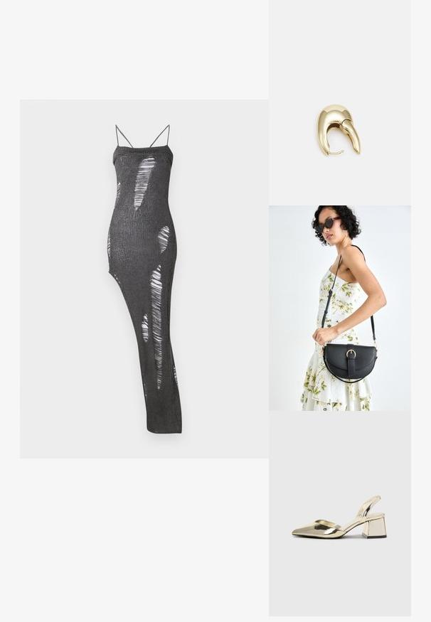 Juoda megzta ilga suknelė su plonomis petnešėlėmis, turinti daugybę išpjovimų, kurie sukuria raštinį efektą. Minkšta tekstūra ir prigludęs siluetas.; Auksiniai, metaliniai slingback aukštakulniai bateliai su smailiu pirštu ir masyviu kulnu. Lygus paviršius, minimalizmo dizainas ir siaura juostelė.; Juodas odinis krepšys su išlenkta forma, nuimamu dirželiu ir auksiniais detalėmis. Krepšys turi kilpą su sagtimi.; Aukso tono metalinės auskarai su stilingu, kreiviu dizainu. Išsiskiria ryškiu smailiu pavidalu, poliruota paviršiumi ir užsegimu su vyriu.