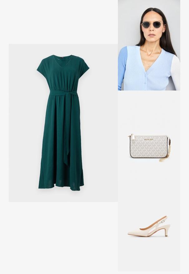 Μακρύ τιρκουάζ φόρεμα φτιαγμένο από ελαφρύ ύφασμα, με V-λαιμό, κοντά μανίκια, στενή μέση και ζωνάκι για πρόσθετη λεπτομέρεια.; Λευκή γόβα slingback με μυτερή μύτη, λείο υλικό επάνω, χαμηλό τετράγωνο τακούνι και σχέδιο με κοπή στο πλάι με ρυθμιζόμενο λουρί κουμπώματος.; Στρογγυλά γυαλιά ηλίου με σκούρους φακούς και χρυσά σκελετό. Το μοντέλο φοράει ένα ανοιχτό μπλε, ριχτό cardigan με κουμπιά και αντίθετους λευκούς μανίκες.; Πορτοφόλι Michael Kors σε μπεζ επεξεργασμένο καμβά με επαναλαμβανόμενο μοτίβο λογοτύπου MK, χρυσές λεπτομέρειες και αποσπώμενη αλυσίδα.