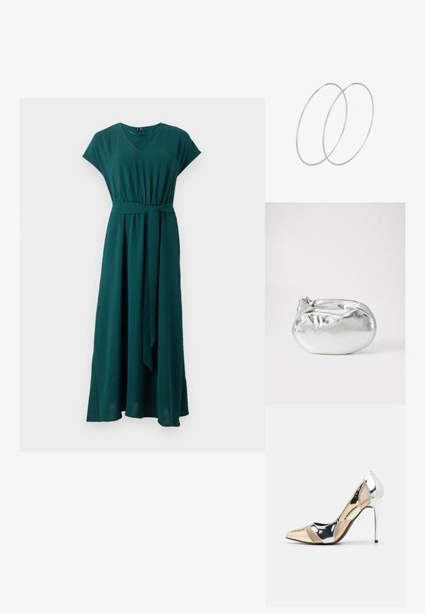 Duga tirkizna haljina od lagane tkanine, s V-izrezom, kratkim rukavima, suženim strukom i pojasom s mašnom kao dodatnim detaljem.; Cipele s visokom potpeticom i špicastim vrhom u srebrnoj, zlatnoj i nude boji. Sjajan finiš s izrezbarenim dizajnom, s potpeticom u obliku stiletto.; Srebrna metalik torbica s mekim, zaobljenim oblikom i čvorastim zatvaranjem na vrhu. Izrađena od glatke sintetičke kože.; Srebrne okrugle naušnice s minimalističkim dizajnom. Kružni oblik, glatka tekstura i tanak profil. Lagane s poliranim završetkom.