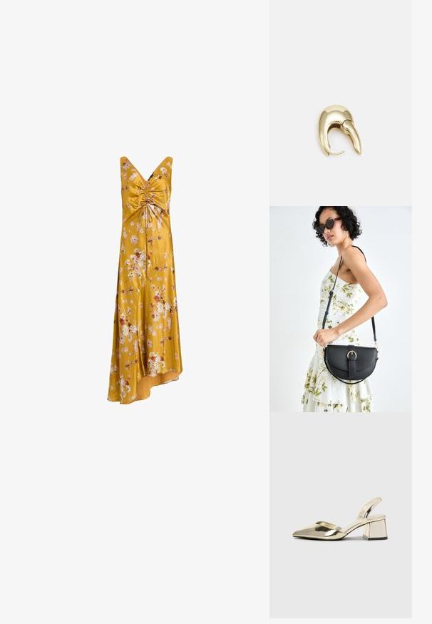 Dzeltena ziedu kleita, kas izgatavota no satīna, ar V veida kakla izgriezumu, ruched bodice un asimetrisku apakšmali, kas rotāta ar daudzkrāsainiem ziedu rakstiem.; Zeltaini, metāla kurpes ar siksniņām, norakans purngalis un masīla papēdis. Gluda tekstūra, minimālisma dizains un šaura siksna.; Melnas ādas rokassoma ar izliekta formu, noņemamu siksnu un zelta aksesuāriem. Somai ir vāciņš ar sprādzes detaļu.; Zeltīti metāla auskari ar gludu, izliekta dizaina. Ar atšķirīgu smailu formu, pulētu virsmu un eņģu aizdari.