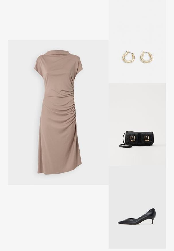 Braunes Kurzarmkleid aus weichem Stoff, mit einem Cowl-Ausschnitt und gerafften Details an der Seite für eine figurbetonte Silhouette.; Schwarzer Pumps aus Leder mit spitzer Zehenpartie und niedrigem Absatz. Verfügt über eine glatte Textur und dezenten Glanz. Vordere Öffnung für ein zusätzliches Detail.; Schwarze Leder-Umhängetasche mit zwei vorderen Taschen, goldenen Schnallen, Reißverschluss und einem schmalen Tragegurt. Texturierte Oberfläche und kompakte rechteckige Form.; Lauren Ralph Lauren BASIC SMALL HOOP - Ohrringe - gold-coloured