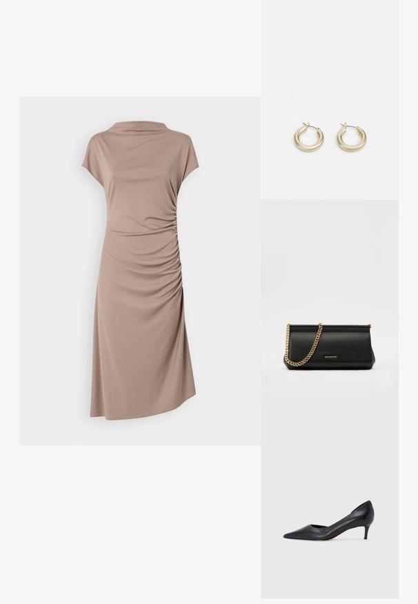 Pruun lühikeste varrukatega kleit, mis on valmistatud pehmest kangast. Kleit on varustatud volditud kaelusega ja külgedel on kogumisdetailid, et saavutada figuuri rõhutav siluett.; Mustast nahast kontsakinga terava ninaga ja madala kontsaga. Omadused on sile pind ja peen läige. Esiosal on avatud lõige, mis lisab detaili.; Mustast nahast klamberkott kuldse kettrihmaga, millel on sile tekstuur, ristkülikuline kuju ja esiküljel reljeefne brändingu märk.; Lauren Ralph Lauren BASIC SMALL HOOP - Kõrvarõngad - gold-coloured