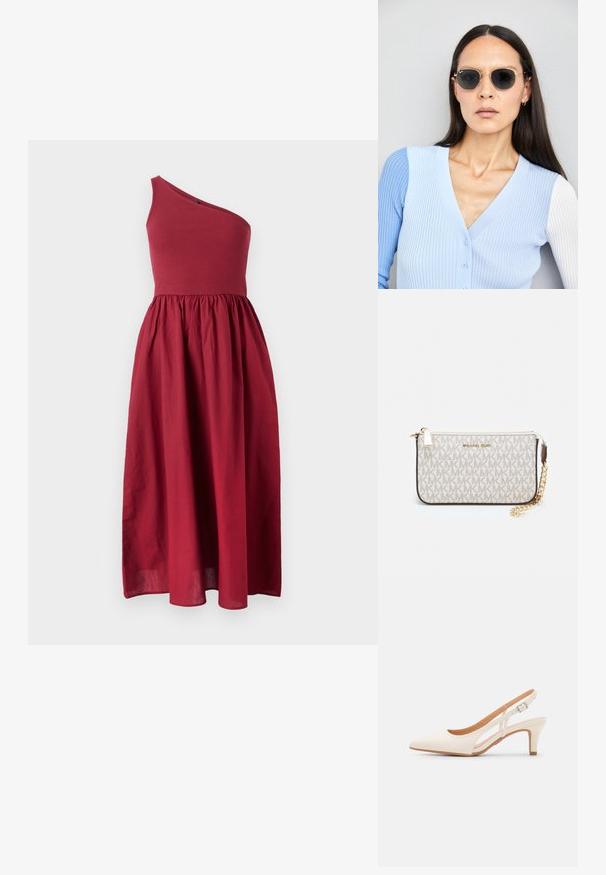 One-shoulder, knee-length dress in dark red, featuring a fitted bodice and flowy skirt, made from lightweight fabric with a smooth texture.; White slingback heel with a pointed toe, smooth upper material, low block heel, and side cut-out design with adjustable buckle strap.; Round sunglasses with dark lenses and gold frames. The model wears a light blue, ribbed cardigan with buttons and contrast white sleeves.; Michael Kors wristlet in beige coated canvas featuring a repeating MK logo pattern, gold hardware, and a detachable chain strap.