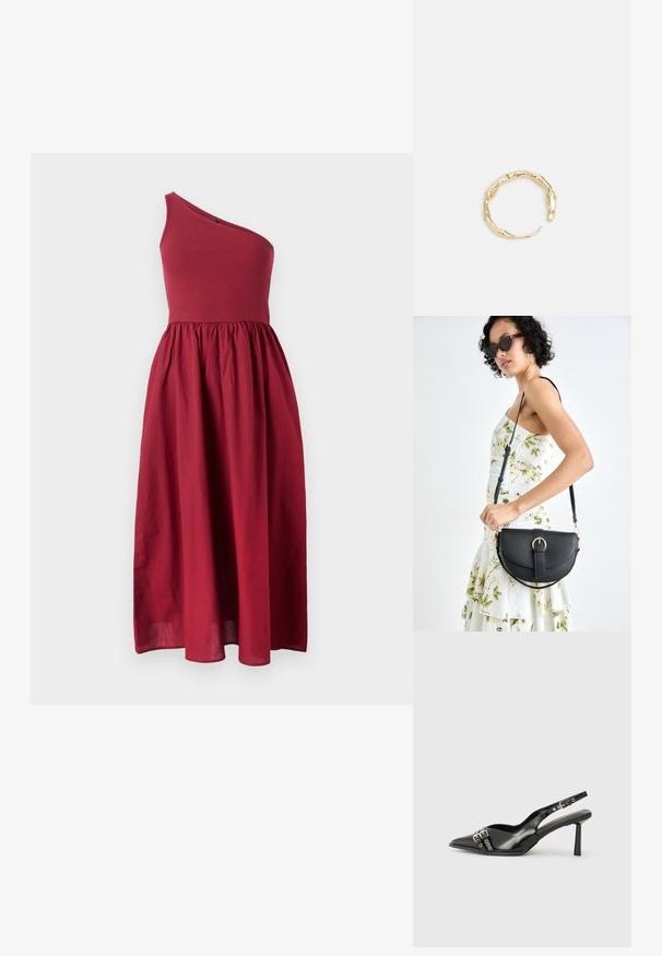 Viena petneša, iki kelių ilgio suknelė tamsiai raudona, su prigludusia liemene ir srauniai krintančia sijonu, pagaminta iš lengvos medžiagos su lygiu paviršiumi.; Juodas lakuotas odinis batelis su smailiu pirštu, kulkšnies dirželiais su sidabrinėmis sagtimis ir detalėmis, bei plonu kulnu.; Juodas odinis krepšys su išlenkta forma, nuimamu dirželiu ir auksiniais detalėmis. Krepšys turi kilpą su sagtimi.; Auksinės spalvos žiedas, turintis organišką, sukimosi dizainą su lygiu paviršiumi ir siaurėjančiais galais, sukuriantis modernią skulptūrinę išvaizdą.