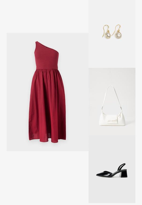 Ein-Shoulder-Kleid in knielanger Länge in Dunkelrot, mit einem taillierten Oberteil und einem fließenden Rock, aus leichtem Stoff mit einer glatten Textur.; Schwarze Lackleder-Slingback-High Heels mit spitzem Schuh und einem geometrischen Blockabsatz. Verfügt über ein schlankes, minimalistisches Design und eine glatte Textur.; Weiße synthetische Handtasche in dreieckiger Form, flache Vorderklappe und Schleifendetail, verstellbarer Trageriemen, glatte Textur und minimalistisches Design.; Goldfarbene Ohrringe mit ovalen klaren Kristallen, die von kleineren klaren Steinen umgeben sind, und einem Haken-Design für sicheren Halt.