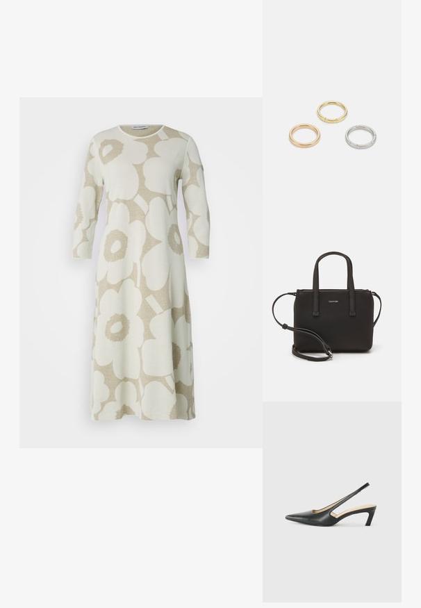 Marimekko ETEVÄ UNIKKO - Kampsunkleit - light grey/beige; Must mustaga, terav varvas, madala kontsaga sildiga king, mis on valmistatud siledast nahast ja mille küljel on lõike disain hingavuse tagamiseks.; Musthave mustrans vöö ja eemaldatav õlarihm. Gludike nahk siledaga, millel on tõmblukk ja logo detail.; Kolme metallist rõngast: üks roosa kuld, üks kuld tekstuursete aktsentidega ja üks hõbe, kõik sisepoolt graveeritud brändinguga.