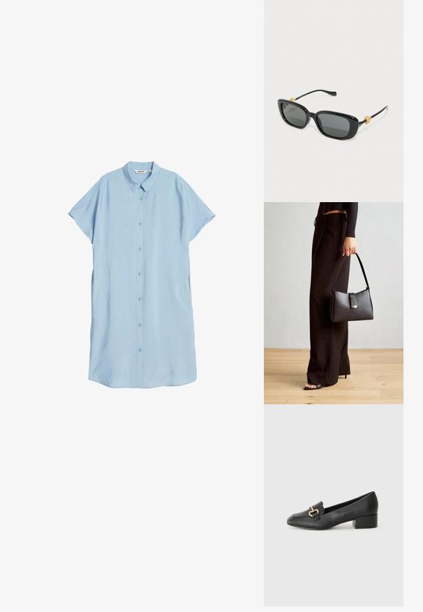 Jasnoniebieska sukienka koszulowa z krótkim rękawem, wykonana z gładkiego materiału, z zapięciem na guziki z przodu, klasycznym kołnierzykiem i bocznymi kieszeniami.; Czarne skórzane loafersy z płaskim obcasem, z ozdobnym złotym detalem z przodu i gładką fakturą.; Czarne prostokątne okulary przeciwsłoneczne z szarymi soczewkami i złotymi akcentami w kształcie lwa na zausznikach. Gładka plastikowa oprawka, elegancki design.; Czarna torebka o usztywnionym kształcie, gładkiej fakturze i metalowym zapięciem. Połączona z szerokimi czarnymi spodniami i sandałami na otwartym palcu na drewnianej podłodze.