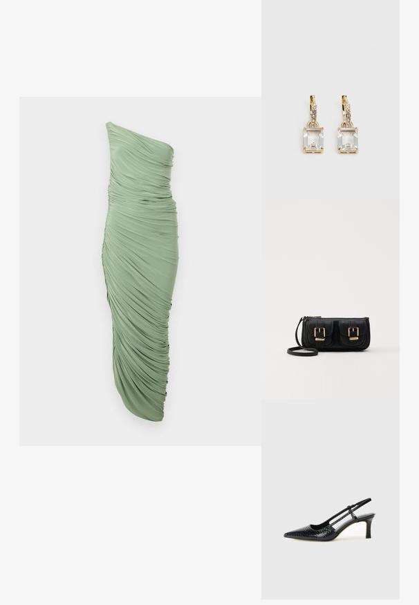 Haljina u svijetlozelenoj boji s jednim ramenom, nabranom strukturom, prilagodljivim krojem i asimetričnom donjom rubom. Glatka, rastezljiva tkanina.; Crne lakirane slingback pete s oštrim vrhom, s teksturiranim uzorkom zmijske kože, podesivom remenom i kratkom, teksturiranom blok-petom.; Crna kožna torba preko ramena s dva prednja džepa, zlatnim kopčama, zatvaranjem na zip i uskim remenom. Teksturirana površina i kompaktan pravokutan oblik.; Zlatne naušnice s pravokutnim, prozirnim kristalom koji visi ispod niza malih, okruglih prozirnih akcenata. Elegantni, moderni dizajn.