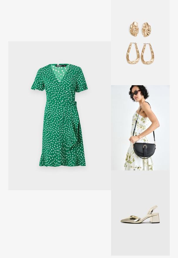 ONLY ONLOLIVIA WRAP DRESS - Rochie de zi - verdant green; Pantofi cu toc slingback metalici aurii, cu vârf ascuțit și toc chunky. Textură netedă, design minimalist și o curea subțire.; Geantă din piele neagră, cu o formă curbată, curea detașabilă și accesorii aurii. Geanta are un capac cu un detaliu tip cataramă.; Cercei aurii cu forme texturate și ondulate. Include studs sculpturale cu clip și un design de cerc deschis cu un finisaj cioplit.