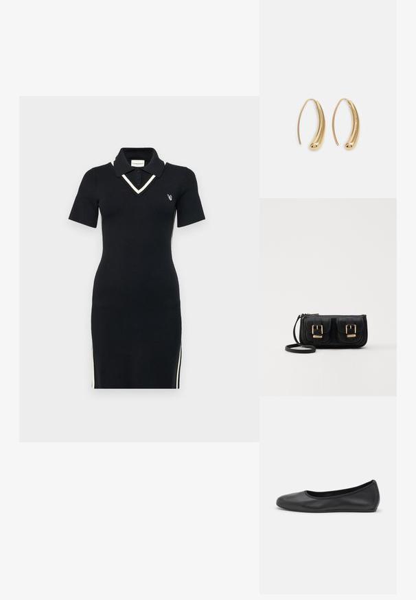 Czarna dzianinowa sukienka polo z krótkimi rękawami, dekoltem w serek, kontrastowym białym wykończeniem i bocznymi suwakami. Posiada małe logo na piersi.; Czarne skórzane baletki z zaokrąglonym noskiem, gładką fakturą, minimalnymi przeszyciami i elastycznym designem podeszwy.; Czarna skórzana torba na ramię z dwoma przednimi kieszeniami, złotymi klamrami, zamkiem błyskawicznym i cienkim paskiem. Teksturowana powierzchnia i kompaktowy prostokątny kształt.; Złote metalowe kolczyki w kształcie obręczy o zakrzywionym, wydłużonym kształcie. Posiadają gładką, błyszczącą powierzchnię oraz zaokrąglony koniec dla dodatkowego efektu.