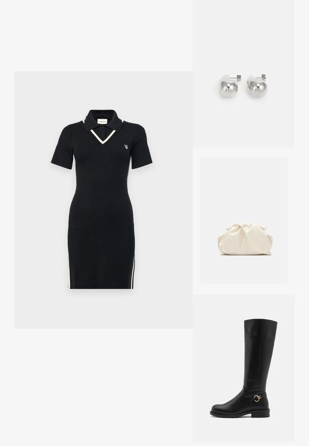 Crna pletena haljina s kratkim rukavima, V-izrezom, kontrastnim bijelim detaljima i bočnim patentnim zatvaračima. Sadrži mali logo na prsima.; Anna Field Wide Fit Čizme - black; Torba od mekanog umjetnog kože krem boje s nabranim dizajnom, podesivim remenom i suptilnim zatvaranjem uzicom. Glatka tekstura i zaobljen oblik.; Srebrne viseće naušnice s zaobljenim, reflektirajućim površinama; minimalistički dizajn s glatkom teksturom i suptilnim detaljem brendiranja.
