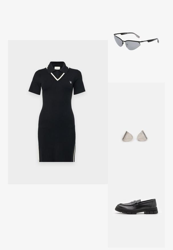 Černé pletené polo šaty s krátkými rukávy, výstřihem do V, kontrastním bílým lemováním a bočními zipy. Obsahují malé logo na hrudi.; Černé kožené mokasíny s hladkým povrchem, se zapínáním vpředu a masivní gumovou podrážkou se vroubkovanými detaily.; Černé sluneční brýle s ostrým designem ve stylu kočičích očí. Stříbrné zrcadlové čočky. Štíhlé, lehké plastové rámy s jemným brandingem na spáncích.; Stříbrné kovové náušnice s hladkým tvarem slzy a lesklým povrchem. Jemné rytiny přidávají detail. Minimalistický design.