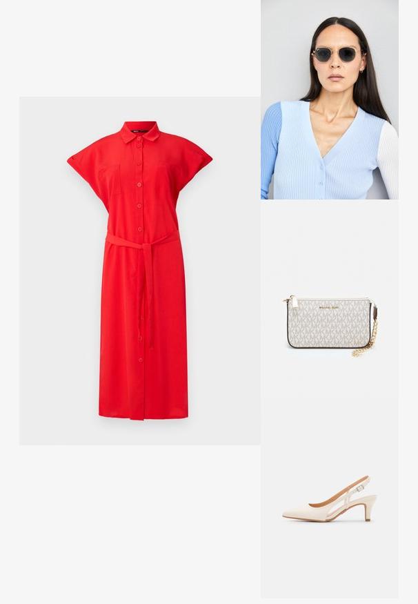 Crvena haljina dugih rukava s kratkim rukavima, prednjim džepovima i zavrnutim pojasom, izrađena od lagane tkanine. Jednobojna s glatkom teksturom.; Bijela slingback peta s oštrim vrhom, glatkim gornjim materijalom, niskom blok peta te dizajnom s bočnim izrezom i podešivom kopčom.; Ok Runde sunčane naočale s tamnim staklima i zlatnim okvirom. Model nosi svijetloplavi rebrasti kardigan s gumbima i kontrastnim bijelim rukavima.; Michael Kors novčanik na zapešću u bež premazanoj tkanini s ponavljajućim uzorkom MK loga, zlatnim hardverom i odvojivim lancem za nošenje.
