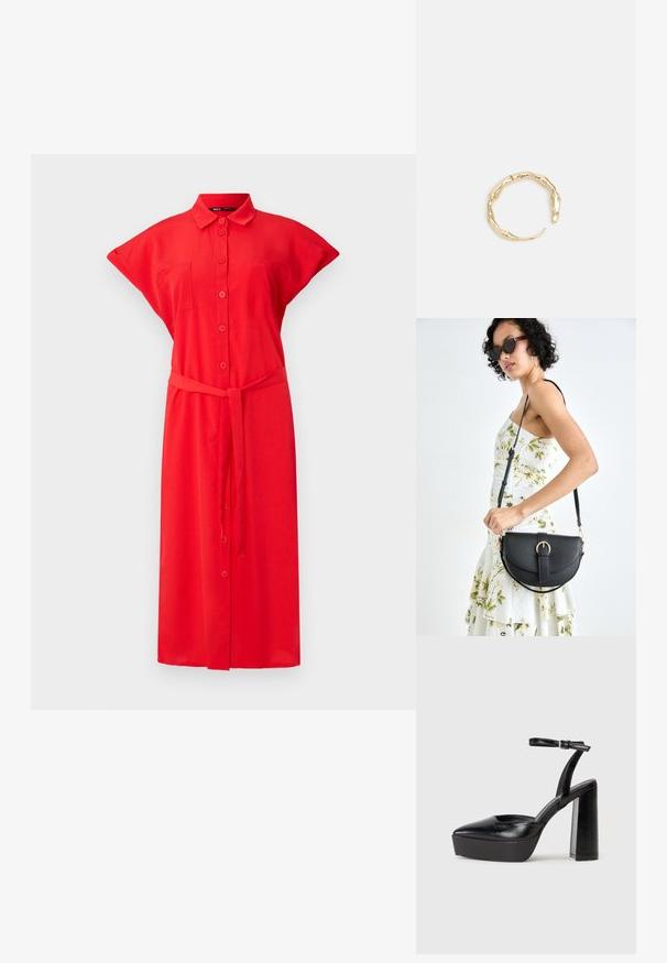 Červené šaty na gombíky s krátkymi rukávmi, prednými vreckami a opaskom s viazaním, vyrobené z ľahkého materiálu. Jednofarebné s hladkou textúrou.; Čierne platformové podpätky so špicatou špičkou a nastaviteľným členkovým remienkom. Vyrobené z hladkej kože a so robustným blokovým podpätkom.; Čierna kožená kabelka s zaobleným tvarom, odnímateľným popruhom a zlatými doplnkami. Kabelka má klopu s detailom s prackou.; Prsteň v zlatej farbe s organickým, skrúteným dizajnom, hladkým povrchom a zužujúcimi sa koncami, vytvárajúci moderný, sochársky vzhľad.