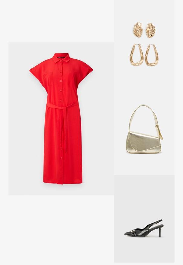 Rochie roșie cu nasturi, mâneci scurte, buzunare frontale și un cordon legat la talie, confecționată dintr-un material ușor. Culoare uniformă cu o textură fină.; Pantofii slingback din piele lăcuită neagră, cu vârf ascuțit, bretele pentru gleznă cu catarame și accesorii din argint, și un toc subțire.; Geantă de umăr metalică aurie cu un design structurat, textură netedă și curea reglabilă. Prezintă o formă triangulară unică și cusături minimaliste.; Cercei aurii cu forme texturate și ondulate. Include studs sculpturale cu clip și un design de cerc deschis cu un finisaj cioplit.