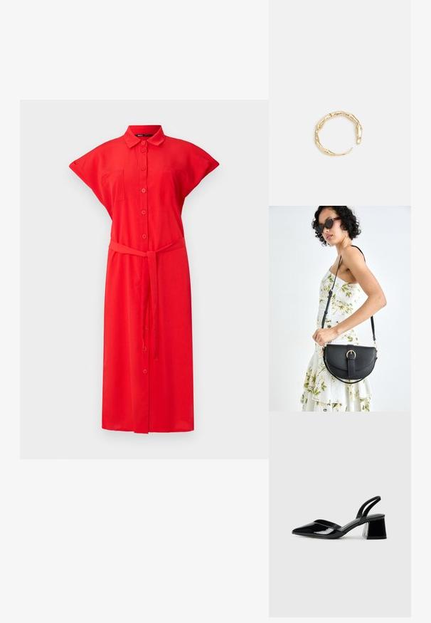 Abito rosso con bottoni, maniche corte, tasche frontali e cintura legata in vita, realizzato in tessuto leggero. Colore uniforme con texture liscia.; Décolleté in vernice nera con punta affusolata e tacco in geometria cubica. Presentano un design elegante e minimalista, con una texture liscia.; Borsa a tracolla nera in pelle con una forma curva, manico rimovibile e accessori dorati. La borsa presenta una patta con un dettaglio a fibbia.; Anello in tono oro con un design organico e Twisted, caratterizzato da una superficie liscia e punte affusolate, che crea un aspetto moderno e scultoreo.