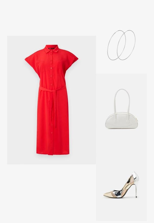 Czerwona sukienka z guzikami z krótkimi rękawami, przednimi kieszeniami i przewiązanym pasem w talii, wykonana z lekkiego materiału. Gładki, jednolity kolor o gładkiej teksturze.; Czółenka na wysokim obcasie z wąskim noskiem w kolorze srebrnym, złotym i nude. Lśniące wykończenie z wycięciami, z obcasem w stylu stiletto.; Even&Odd - Torebka; Srebrne kolczyki w formie obręczy o minimalistycznym designie. Okrągły kształt, gładka faktura i cienki profil. Lekkie, z polerowanym wykończeniem.