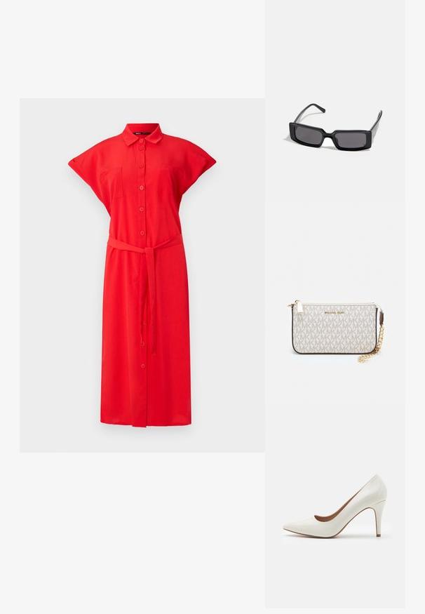 Raudonas suknelė su trumpomis rankovėmis, priekyje kišenėmis ir surišamu liemeniu, pagaminta iš lengvos medžiagos. Vienos spalvos, su lygiu paviršiumi.; Baltos lakuotos odinės aukštakulnės bateliai su smailiu nosiu ir lygiu paviršiumi, turintys liesą kulną ir žemą iškirpimą aplink atidarymą.; Juodos saulės akiniai su stačiakampiu rėmu, tamsiais objektyvais ir lygiu blizgiu paviršiumi. Pasižymi plonais šonais su subtiliu prekių ženklo ženklu šone.; Michael Kors rankinė smėlio spalvos dengto kanvoje su pakartotiniu MK logotipo raštu, auksinėmis detalėmis ir nuimamu grandininiu dirželiu.; Auksiniai metaliniai auskarai su banginiu dizainu; glotni, atspindinti paviršių; asimetriška forma; nematomi raštai ar aparatai.