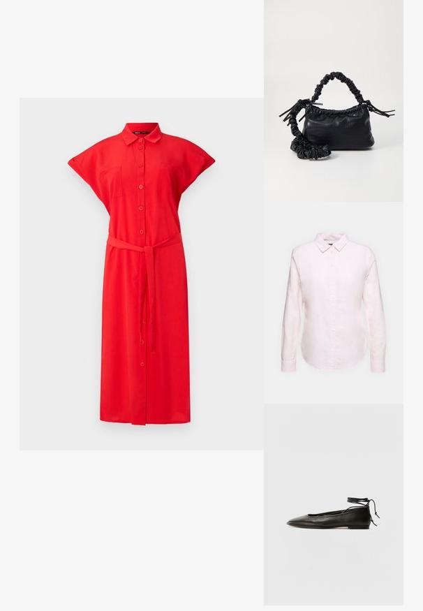 Rød skjortekjole med korte ærmer, forlommer og en knyttet taljebælte, lavet af letvægtsstof. Ensfarvet med glat tekstur.; Lyserød langærmet skjorte med button-down krave, der har en lige kant og blød tekstur, lavet af letvægts bomuldsstof.; Sorte læder ballerinaer med spids tå, ankelbinding og flad sål, der har en glat tekstur og minimalistisk design.; Sort kunstlæder håndtaske med krokodilteksur, indsnøret top og en sammenkrøben rem. Ser blød og kompakt ud i designet.