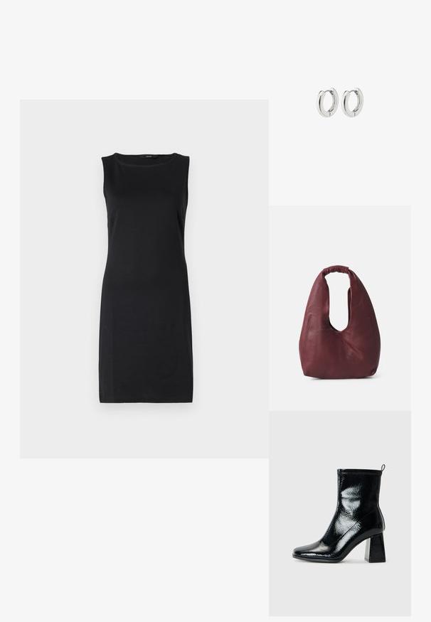 Czarna sukienka bez rękawów z okrągłym dekoltem, dopasowany krój oraz gładki, elastyczny materiał. Brak widocznych wzorów lub detali metalowych.; Czarne lakierowane botki za kostkę ze kwadratowym noskiem i masywnym geometrycznym obcasem. Charakteryzują się gładką, błyszczącą teksturą oraz tylną pętelką do łatwego zakładania.; Burgundowa skórzana torba w stylu slouchy z unikalnym, zakrzywionym uchwytem, charakteryzująca się teksturowanym wykończeniem i asymetrycznym designem. Zauważalne detale szwów bocznych.; Srebrne kolczyki na kółkach o polerowanym wykończeniu, z okrągłym wzorem i bezszwowymi zawiasami, charakteryzujące się gładką teksturą.