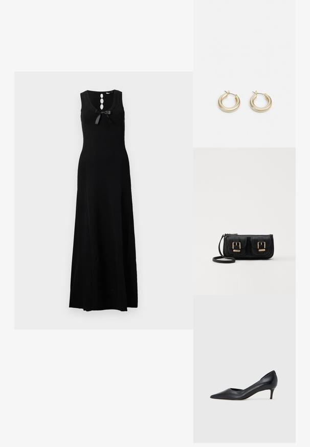 Svart ermeløs maxikjole med rund hals, tre knappdetaljer og en sløyfedeal foran. Glatt strikket materiale.; Sort lærpumps med spiss tupp og lav hæl. Har en jevn tekstur og subtil glans. Åpen utskjæring foran for ekstra detalj.; Svart skinn crossbody veske med to frontlommer, gyldne spenner, glidelåslukking og en slank stropp. Teksturert overflate og kompakt rektangulær form.; Lauren Ralph Lauren BASIC SMALL HOOP - Øredobber - gold-coloured