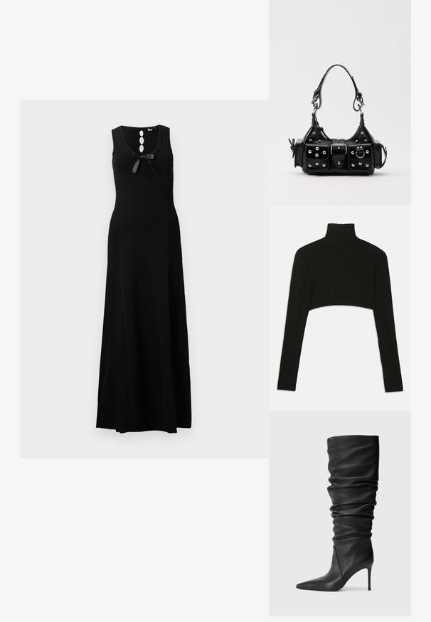 Black sleeveless maxi dress with a rounded neckline, three button accents, and a bow detail at the front. Smooth knit material.; Black cropped long-sleeve top with a high neck. Made from stretchy fabric, features a back zipper closure and side slits.; Black slouchy knee-high leather boot with pointed toe and thin high heel on a plain light background.; Black leather handbag with a curved design, featuring silver studs, a buckle, and two side pockets. Adjustable strap for carrying options.