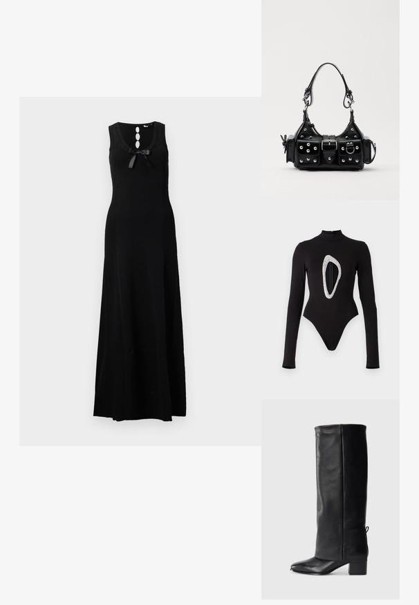 Fekete ujjatlan maxiruházat kerek nyakkivágással, három gombos díszítéssel és elöl masni részlettel. Sima kötött anyag.; Fekete, hosszú ujjú body, álcázott nyakkal, elöl egy nagy, csillogó ovális kivágással. Simaságot biztosító anyag, magas szabású lábakkal.; Fekete bőr, térd fölé érő csizmák sima felülettel, négyzetes orral, tömbsarkal és oldalsó kötőelemmel az állítható illeszkedésért.; Fekete bőr kézitáska ívelt designnal, ezüst szegecsekkel, csattal és két oldalsó zsebbel. Állítható vállpánt a hordozási lehetőségekhez.